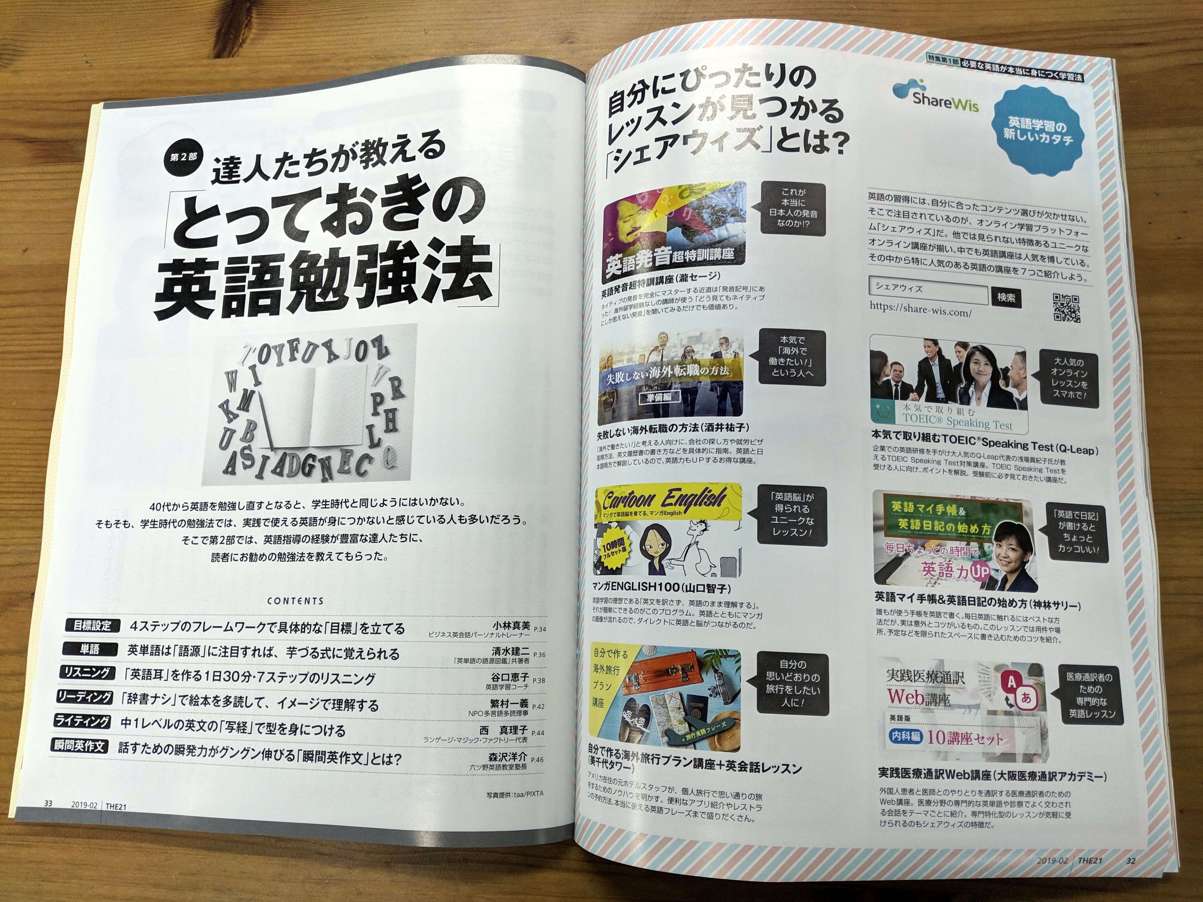 ShareWisの英語コースが紹介されている雑誌THE 21（株式会社PHP研究所）の掲載ページの見開きの画像